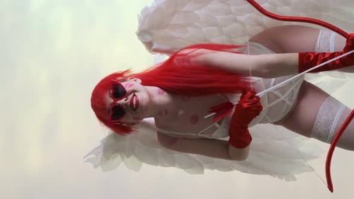 Portrait Belle fille aux cheveux roux, dans un body blanc, des lunettes rouges en forme de cœur, des gants rouges.
Pourquoi