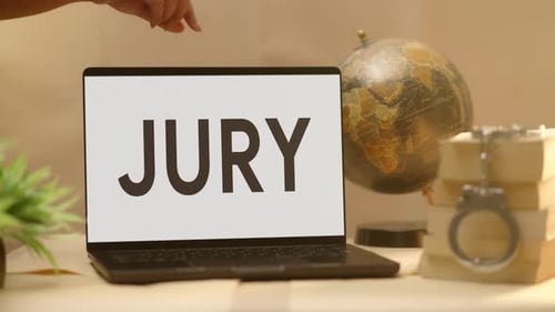 Laptop Displays 'Jury' with Globe and Handcuffs