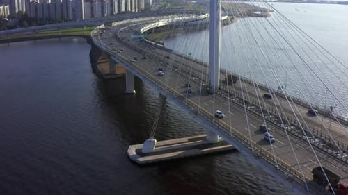 Descent by drone next to the car cable-stayed bridge with a beautiful view