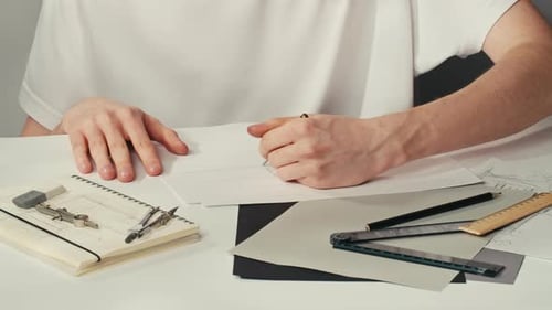 Person Drawing with Pencil in Brightly Lit Workplace