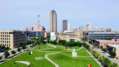 Aerial view of sculptures in urban green park