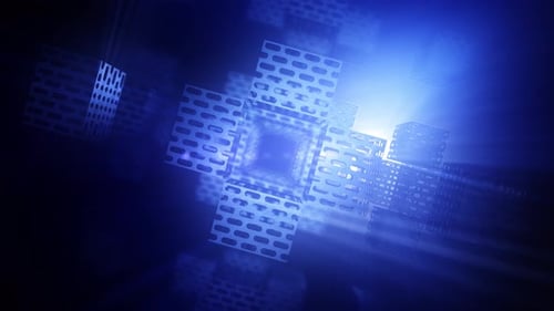 Mesmerizing Volumetric Lights Illumination in Abstract Geometric Structure at Night.