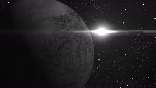 Rotating Planet with Bright Star and Lens Flare in Space Background