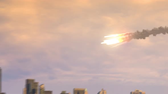 Meteors or missiles burning over Manhattan, Camera zooms in ...