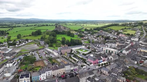 Aerial Drone View of Rock of Cashel Castle in Ireland's Scenic Green Landscape