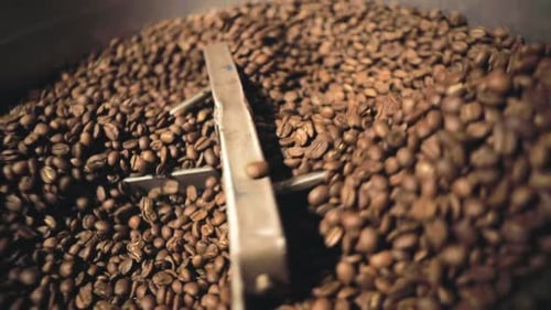 Coffee Beans Being Stirred in Roasting Machine
