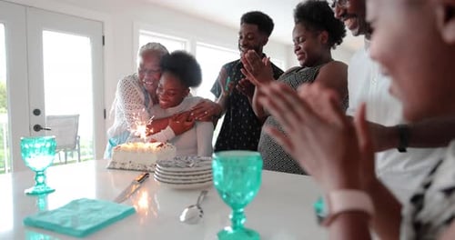 Family celebrating birthday of girl with cake indoors