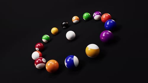 Bolas de billar coloridas con fondo negro, renderizado 3D.
