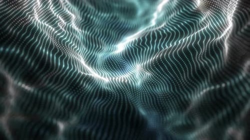 Abstract blue futuristic waves from a grid of particles lines glowing bright shiny neon digital