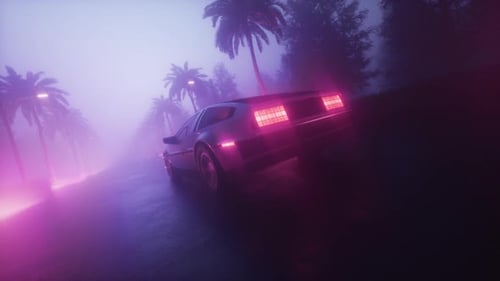 Riding Car At Night Foggy Landscape Synthwave Backdrop Loop