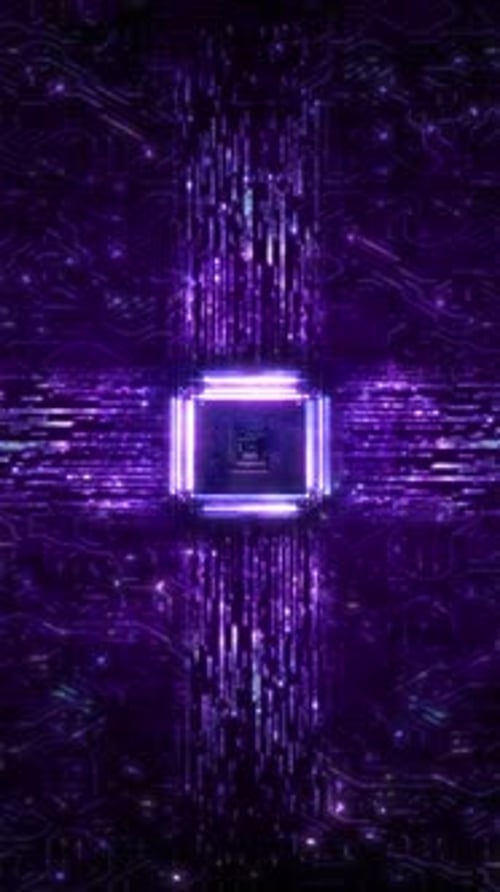 vertical futuristic circuit board with glowing processor and digital data flow in 3d motion graphics