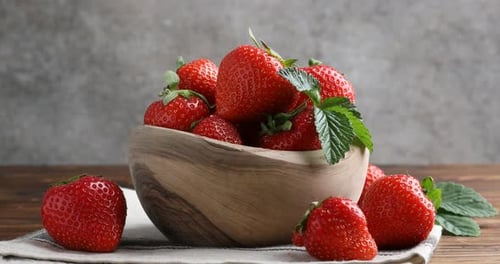 Fresh Strawberries in a Wooden Bowl