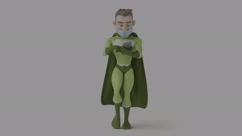 Man in green superhero costume holds device