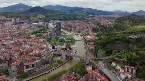 Tripod Shot From a Unique Highaltitude Perspective of the City of Bilbao Guggenheim Museum Nervion