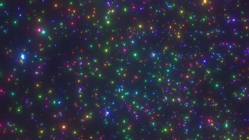 Voando entre um campo infinito de estrelas brilhantes do arco-íris nas profundezas do espaço sideral