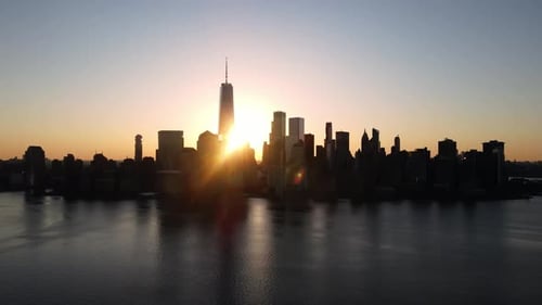 Aerial view of manhattan skyline at sunset, United States.