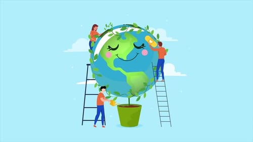 Animated Illustration of People Caring for Planet Earth