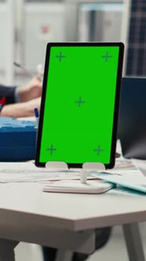 Vertical Video Industrial Plant Researchers Work on Breakthroughs Using Mockup Tablet Closeup