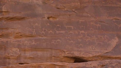 Nabatean Inscriptions (petroglyphs) on the rock in Wadi Rum valley, Jordan