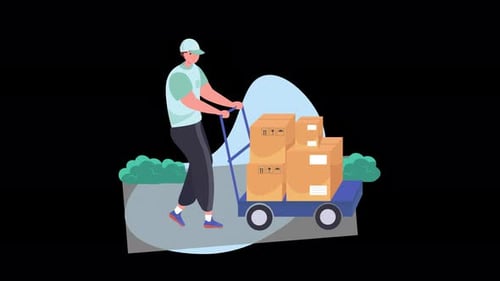 Flat Design Delivery Person Walking with Hand Truck