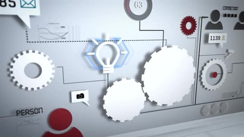 Übersichtliche digitale Oberfläche zur Veranschaulichung von Geschäftsabläufen mit rotierenden Zahnrädern und Analyse-Dashboards