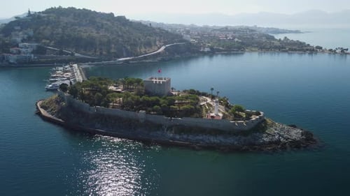 Aerial view of Guvercinada Island with scenic castle, Kusadasi