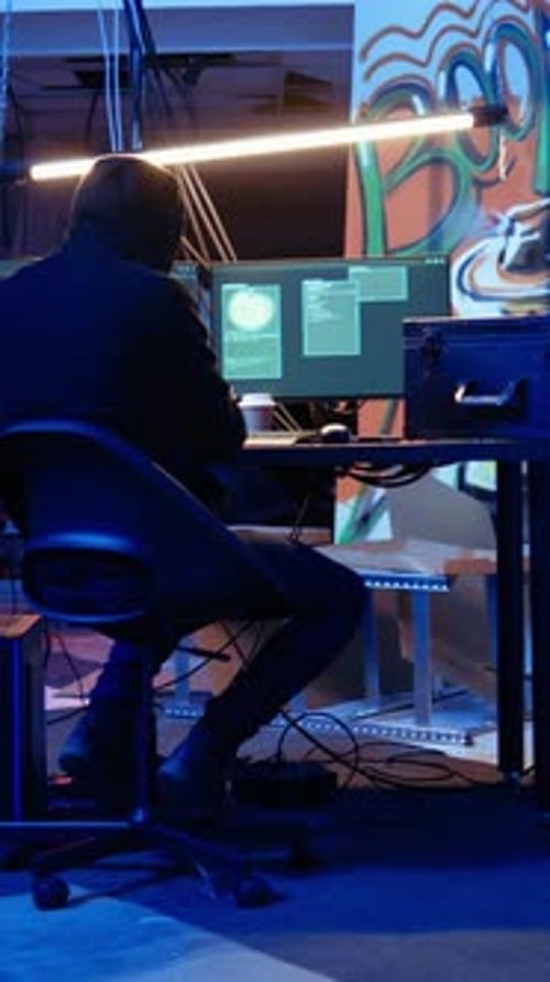 Vidéo Hacker verticale quittant une base souterraine secrète avec une valise