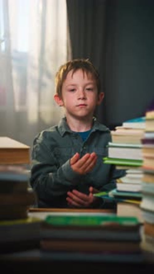 Tortured Caucasian Schoolboy Sits with Books at His Desk