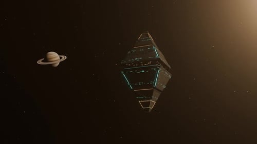 Raumstation dreht sich im Weltraum um Planet mit Felsringschleife