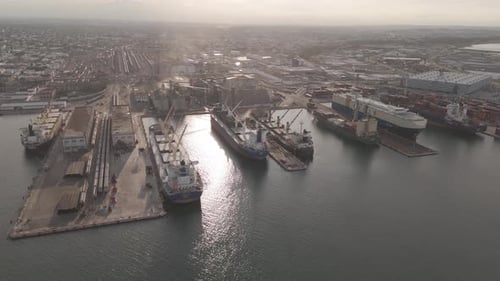 Container and Cargo Ships at Busy Industrial Port