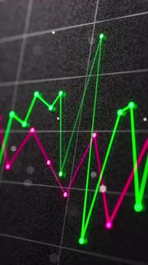 Seamless 3D loop of bright market graphs on a dark digital grid.