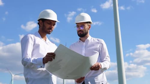 Two Multiracial Windmill Engineers Inspection and Progress Check Wind Turbine