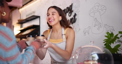 Coffee, takeaway and barista giving order in cafe with happy service, hospitality