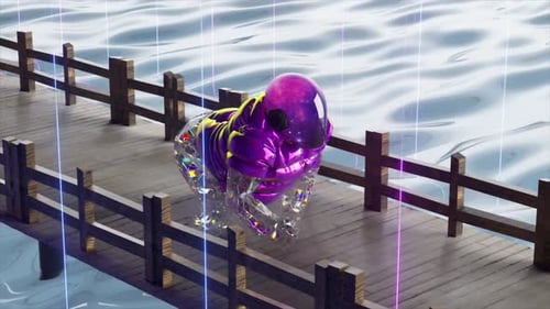 Futuristic Crystal Creature Walking Across a Serene Water Bridge