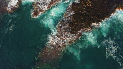 Des vagues s'écrasent sur une côte volcanique rocheuse