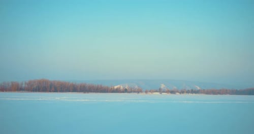 Beautiful Calm Landscape with Frozen River in Winter Day Static Shot in Sunrise Frost Prores
