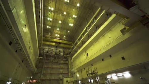 Inside The Reactor Hall Of Unit 2, Chernobyl Nuclear Power Plant In Ukraine. Tilt-down Shot