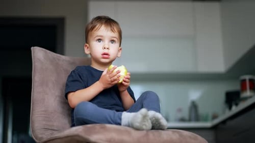 Young Boy Eating an Apple While Sitting