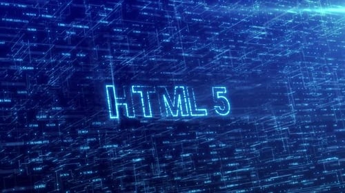 HTML 5 Concept Over Blue Futuristic Technology Network with Digital Cyberspace Background