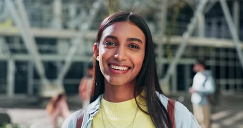 Face, woman and student smile at college for education, learning and knowledge at campus building