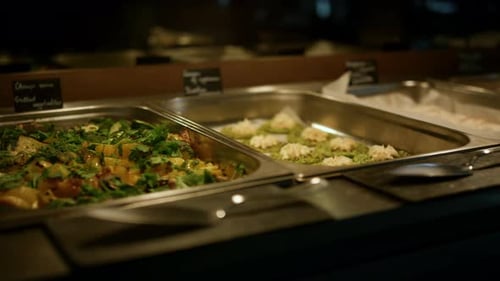 Catering buffet display of tasty vegan food in a modern luxury restaurant