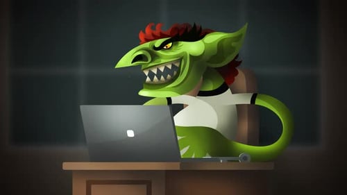Animated Goblin Character Typing on Laptop