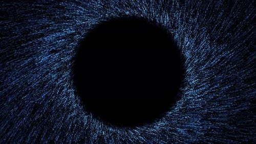 Luminous blue particles swirl in mesmerizing vortex with copyspace in center.