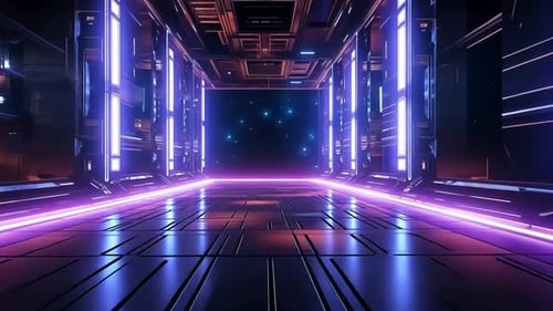 Futuristic corridor bathed in vibrant neon lights
