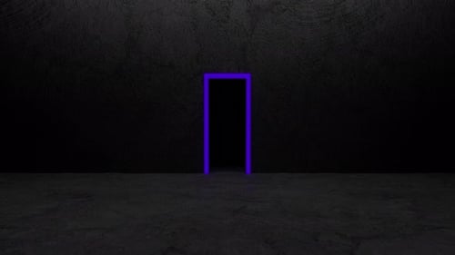 Puerta de neón púrpura brillante que se abre en una habitación oscura