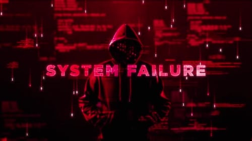 Hooded Hacker Figure with Glitchy System Failure Text