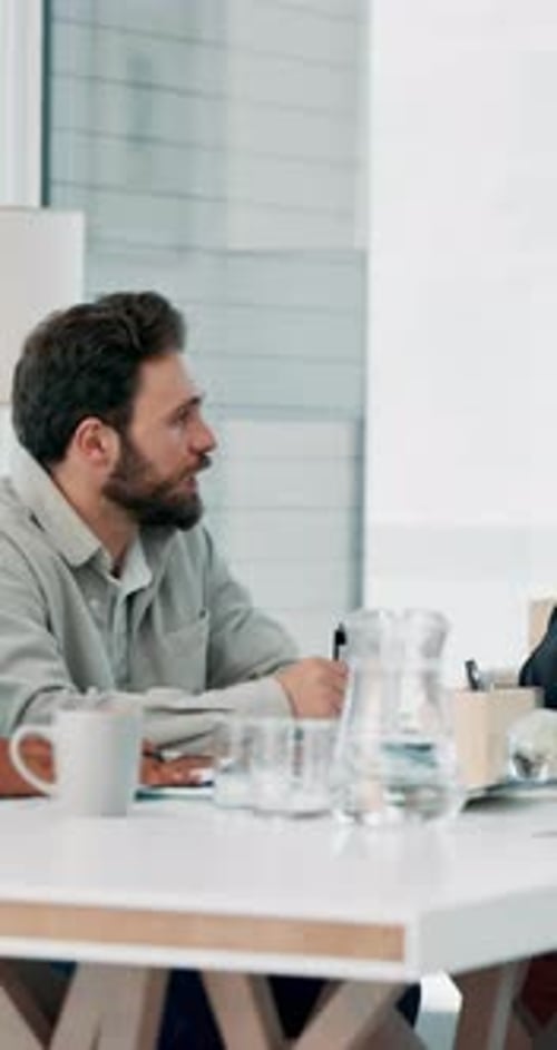 Business people, documents and planning at office meeting with review, discussion