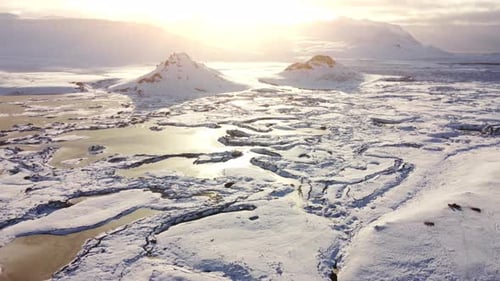 Scenic Winter Landscape Volcanoes Frozen River Light Rays Beautiful Sunbeam Sunrise Mountain Range