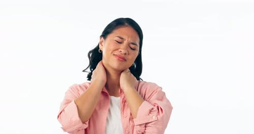Neck pain, stress and woman in studio for osteoporosis, arthritis or inflammation on white