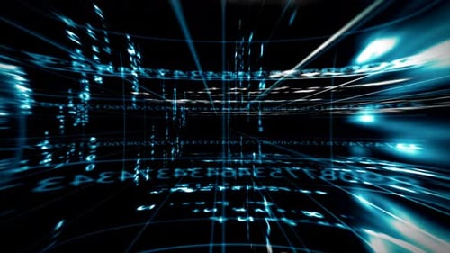 Futuristic Digital Grid Tunnel with Blue Glowing Data Stream